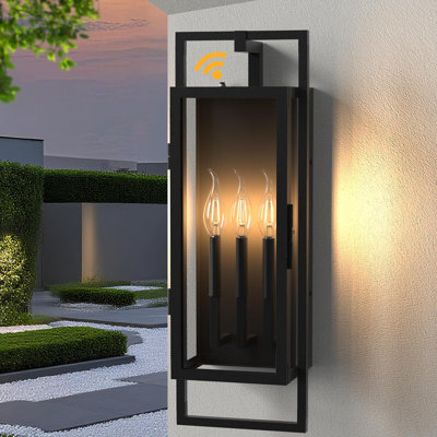 25" Dusk to Dawn Outdoor Wall Light 3 Lights, Large Outside Wall Sconce, Black Exterior Wall Lantern with Glass Shade, Waterproof Outdoor Light Fixture for House, Front Porch, Garage