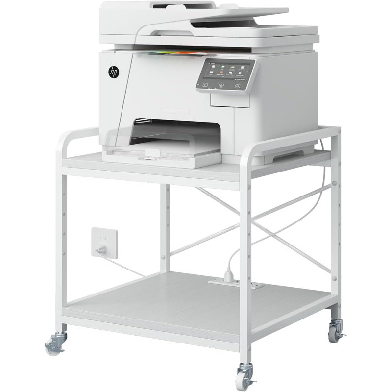 Support pour imprimante robuste sous le bureau avec tablette réglable, prise de courant intégrée et ports USB, roues verrouillables industrielles, chariot d'imprimante à 2 niveaux pour bureau à domicile