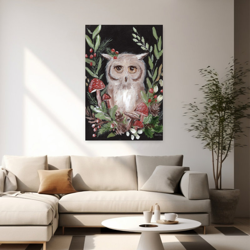 Hibou de Noël et champignons, H 60 po x l 40 po