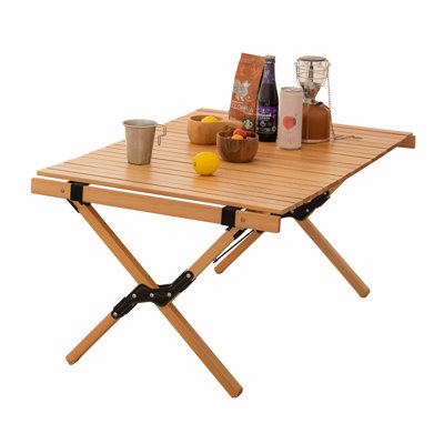 Folding Camping Table Beech Wood Portable Lightweight Roll-up Picnic Table With Carrying Bag For Outdoor, Backyards, Bbq, Beach, Party, Patio(natural Wood & 35.4")
