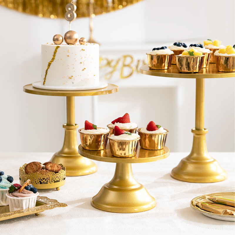 Ensemble de 3 supports à gâteaux dorés (assiette à gâteau 8 "/ 10" / 12 "), métal