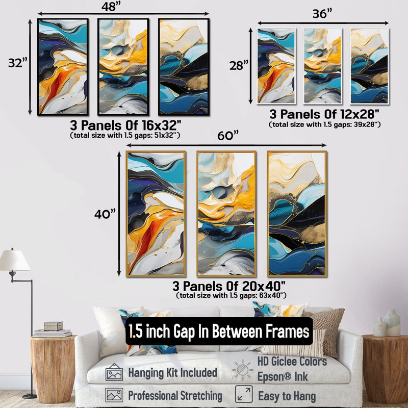 «Blue» et «Yellow», encre liquide «Harmony», art mural abstrait à l'encre liquide, Cadre flottant doré