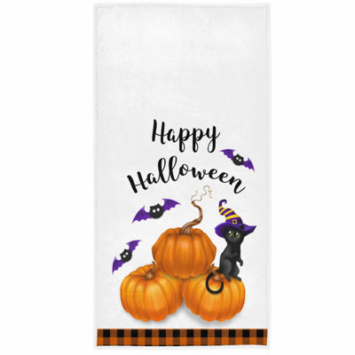 Autumn Harvest Soft Absorbent Hand Towels - Black Cat, Pumpkins & Bats Design, 16x30 in, Perfect for Fall Bathroom & Kitchen Decor