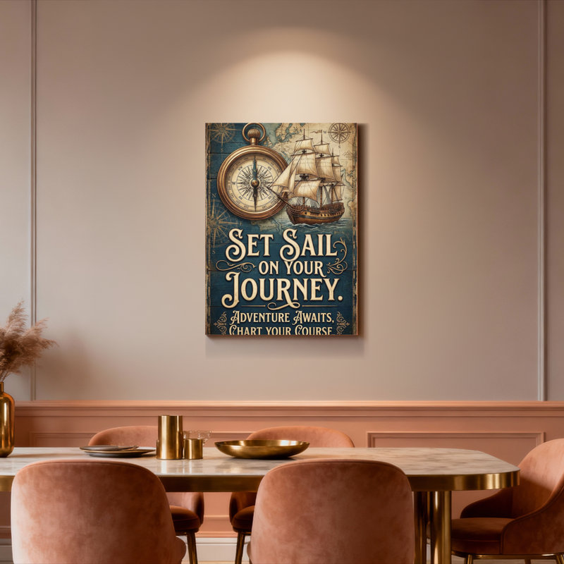 Ensemble de tableaux sur toile avec boussole et navire. Embarquez pour un voyage inoubliable ! L'aventure vous attend. Tracez votre chemin ! Décoration murale idéale pour le salon, la chambre à coucher ou le bureau.