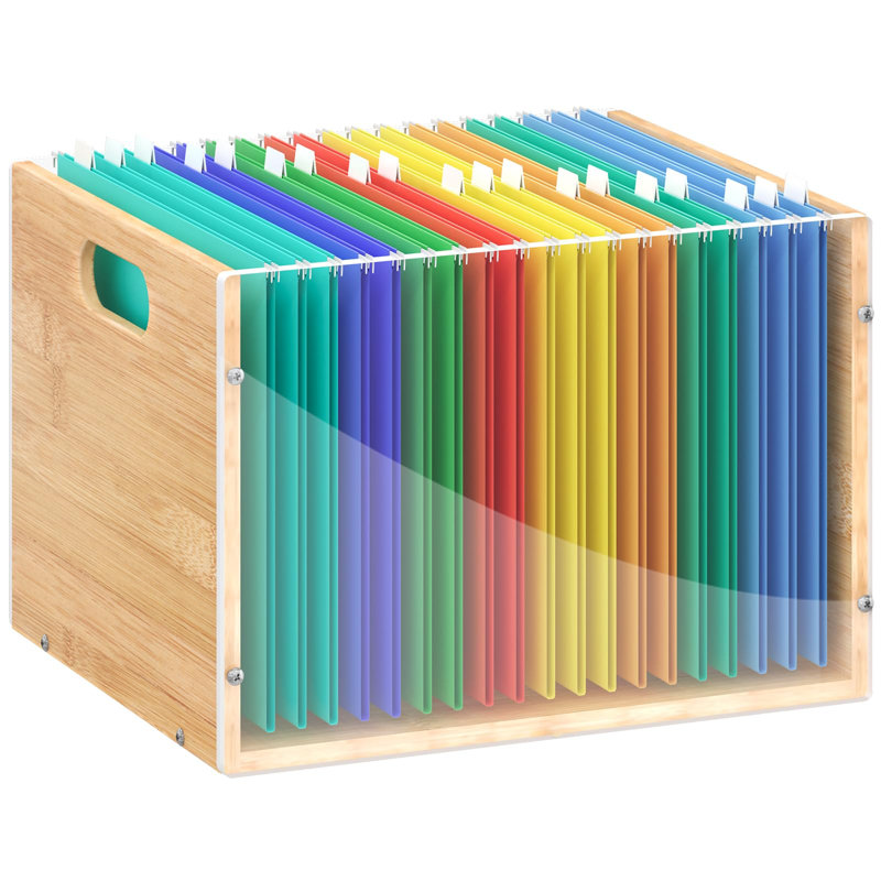 Organisateur de boîte de classement en acrylique transparent, boîtes de rangement pour dossiers suspendus en bambou, support de bac de classement avec poignée pour bureau à domicile, format lettre