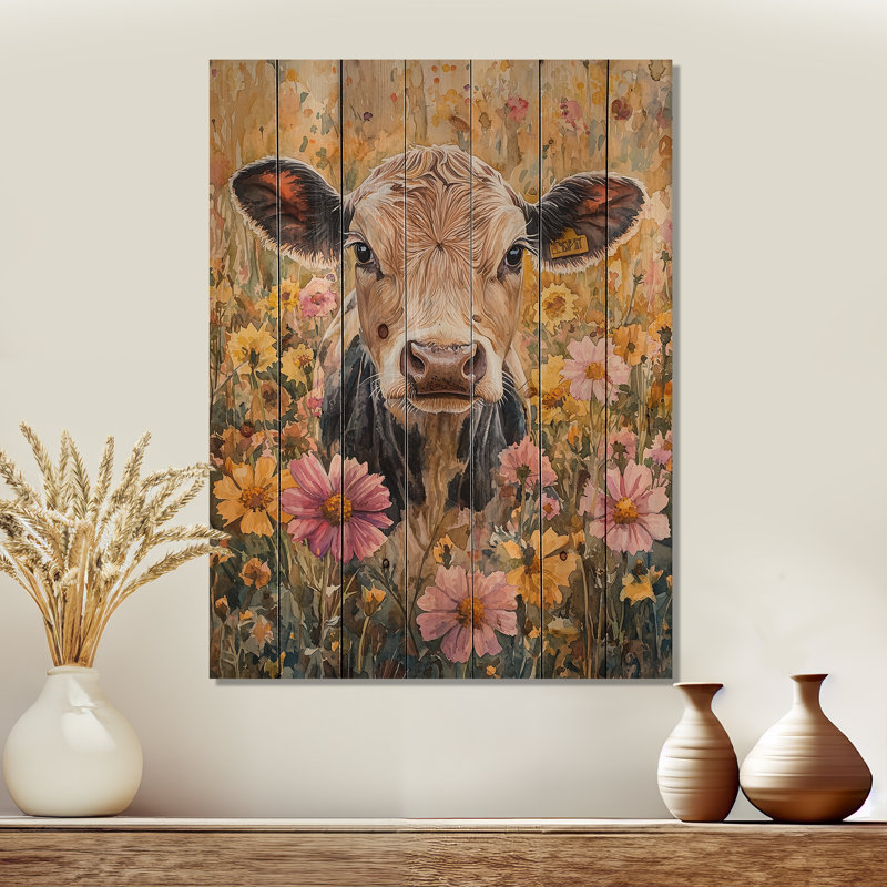 Vache marguerites avec hibiscus III - Décoration murale animal en bois de vache - sur bois de pin naturel