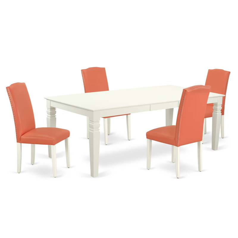 L'ensemble de 5 pièces de salle à manger comprend une table de salle à manger rectangulaire avec feuille papillon et 4 chaises parsons en simili cuir flamant rose, 42 x 84 po, lin blanc