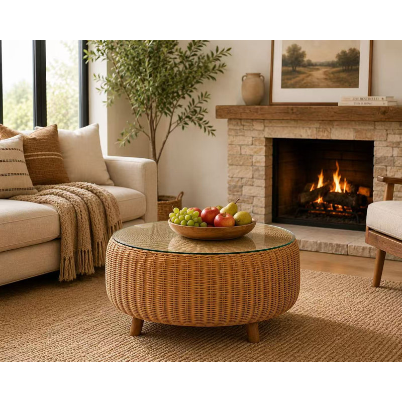  Round Drum Coffee Table, Handwoven Natural Seagrass with Glass Top, Wood Legs