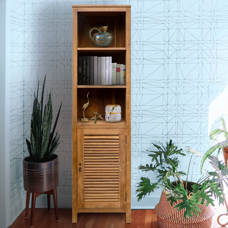 Recycled Teak Wood Louvre Cabinet with 3 Open Shelves and Louvered Door, 78.7" H x 19.6" W