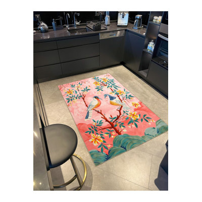 Tapis décoratif lavable à la machine à motif de fleurs et d'oiseaux Paris