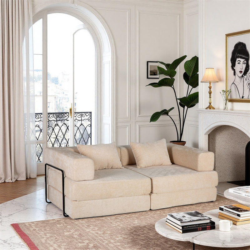 Canapé convertible en tissu chenille 2 places sans os, Blanc
