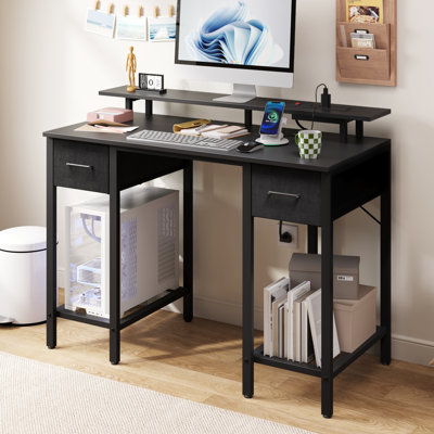 White Computer Desk With Drawers, 42 Inch Home Office Desk Study Writing Table, Gaming Desk With Usb Power Outlets, Office Desk With Fabric Drawer, Wo