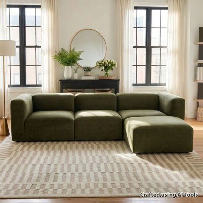 Modular L-Shaped Deep Seat Performance Velvet Sectional Sofa with Ottoman, 3-Seater
