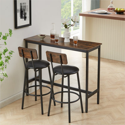 2-Person Bar Table Set with Backrest Stools, Space-Saving Design, Warm Brown Particle Board and Metal, 43.31 L