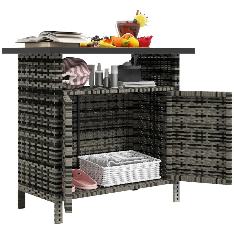 Outsunny Wicker Outdoor Storage Cabinet, Rattan Outdoor Bar Table with 2 Doors and Shelf, Outdoor Buffet Cabinet Sideboard with Metal Slatted Countertop for Poolside, Patio, Backyard