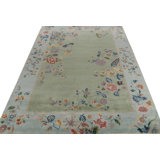 Rug & Kilim’S Chinese Deco Rug In Green With Blue Border & Floral Patterns