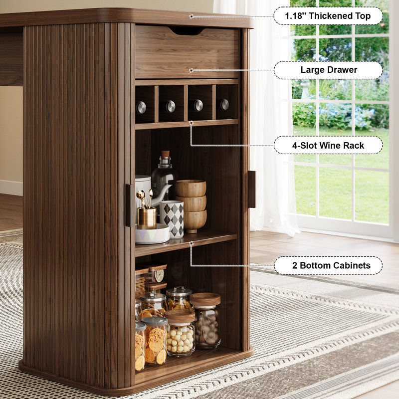59'' Wooden Kitchen Island With Storage, Rectangular Bar Table With Drawer And Wine Rack, Walnut, 36" H x 59" W x 21.7" D