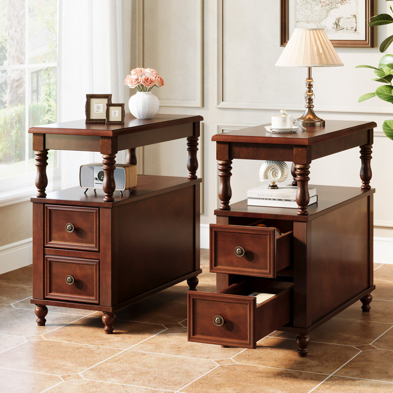 Table de bout à 2 tiroirs en bois massif avec détails cannelés, Marron foncé, 1