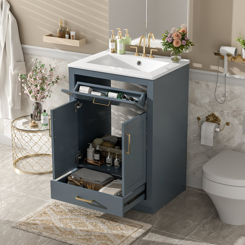 Meuble-lavabo simple 24 po avec lavabo et armoire de rangement intégrés en céramique, Bleu gris