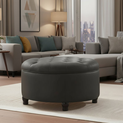 Black Round Ottoman Coffee Table With Storage And Button-Down Cushions. Removable Tabletop. Suitable For Living Room, Bedroom, Or Office.