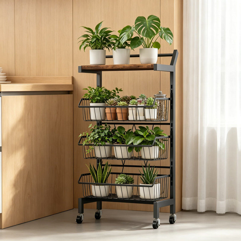 4-Tier Slim Rolling Storage Cart With Lockable Wheels, Narrow Utility Cart With Water-Resistant Wooden Top For Kitchen, Bathroom, Living Room, And Laundry Room Organization