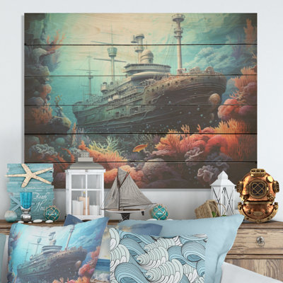 Titanic Under Water Memory I - Coastal Coral Under Water Wood Wall Art On Natural Pine Wood
