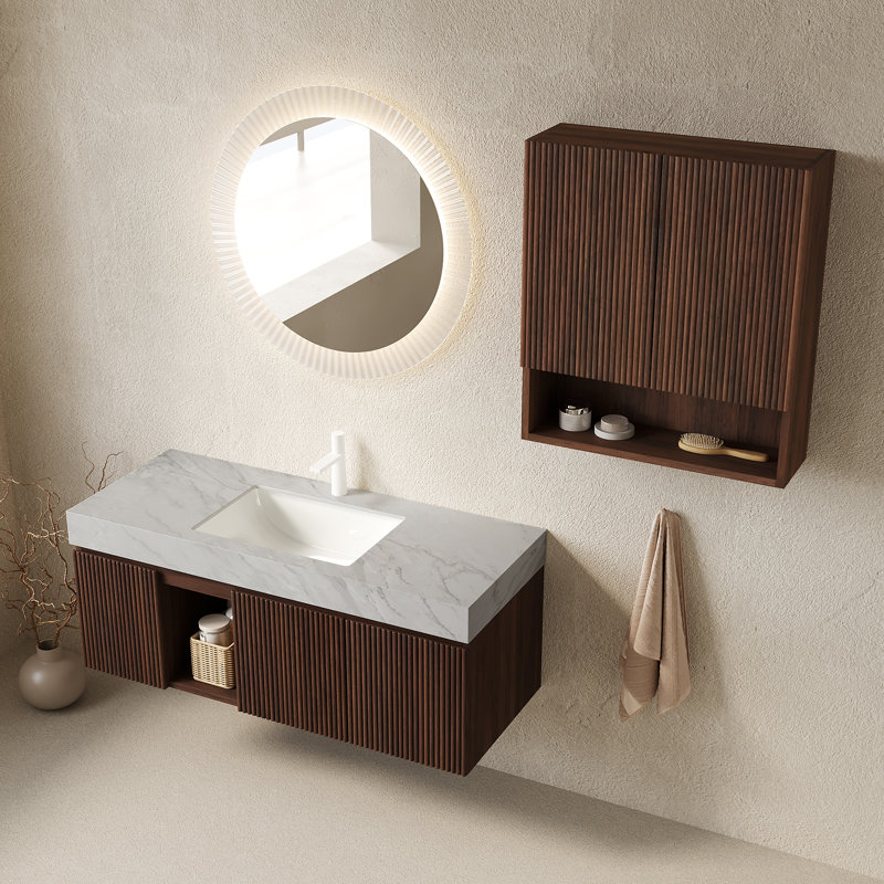 Ensemble Eiden 48 + Tobi 26, meuble-lavabo suspendu avec rangement, comptoir en pierre frittée gris pâle, lavabos en céramique, trous pré-percés pour la robinetterie, robinetterie et bonde non inclus, aspect bois naturel