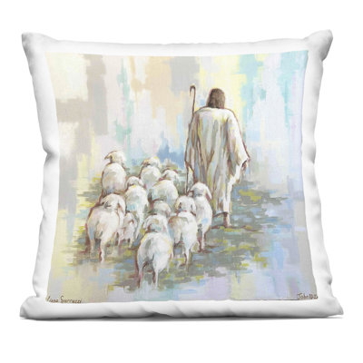 They Follow Me with Jesus Decorative Printed Throw Pillow, design by Linda Sperruzzi