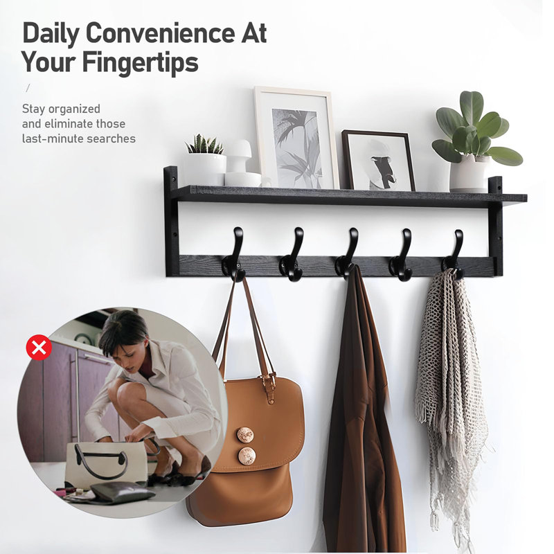 29'' Coat Rack Wall Mount with Shelf, Black