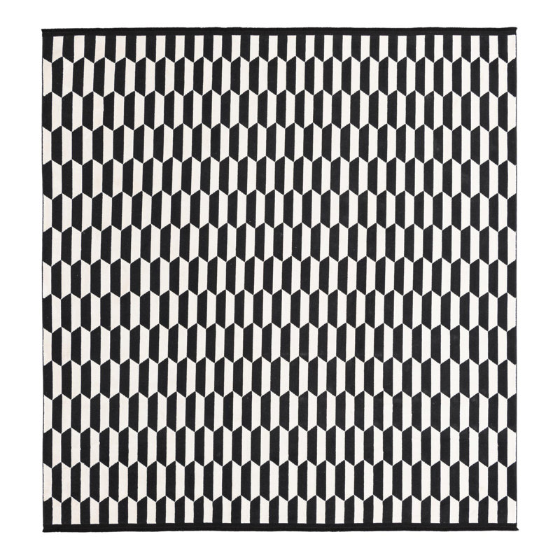 Tapis géométrique en polyester noir / blanc Lucerito, Carré 7 pi 10 po