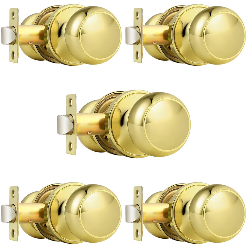 Door Knobs with Round Rosette, Keyless Lock, Polished Brass, Passage (Hall & Closet)