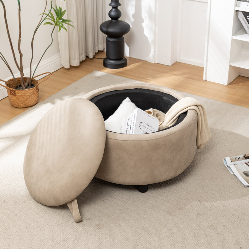 Savinien Upholstered Round Storage Ottoman, Gray Performance Faux Leather