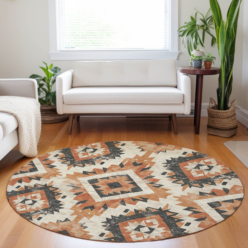 Machine Washable Indoor/Outdoor Xhevrie Terracotta Rug, Round 8'