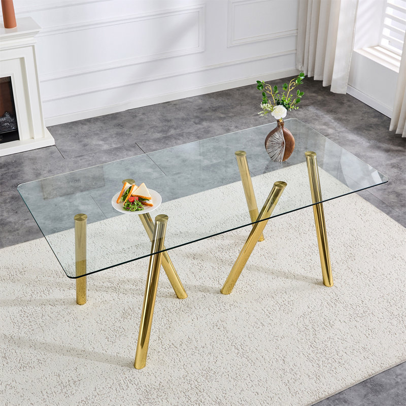 Table de salle à manger en verre trempé de 71 pouces avec pieds robustes en métal, Doré
