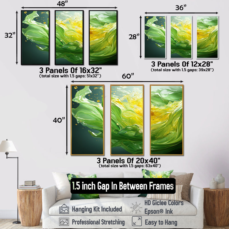 «Green and Yellow Harmonious Chaos II - Abstract Collages», art mural, Cadre flottant noir, H 28 po x l 36 po x P 1 po