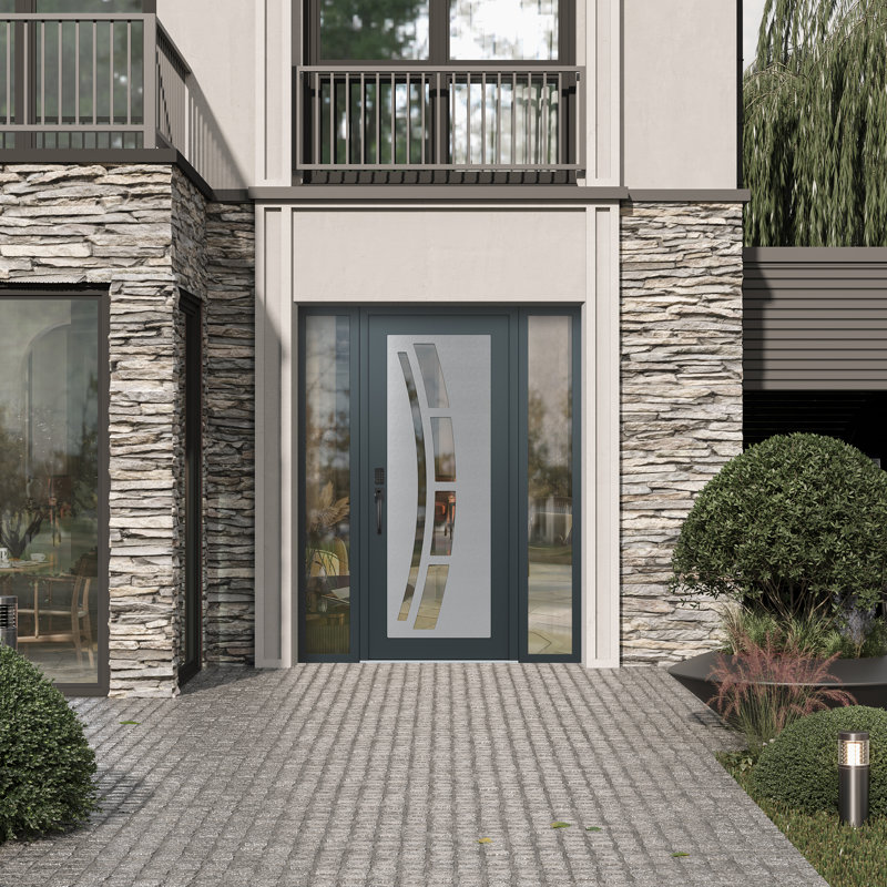 C12 à droite 68 po X 80 po Panneau d'entrée en verre argenté anthracite et anthracite avec 2 portes avant en verre, Right