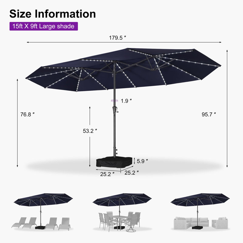Parasol 14 pi double face bleu marine avec base et éclairage solaire Parasol de marché extérieur avec manivelle Parasol rectangulaire pour terrasse de jardin