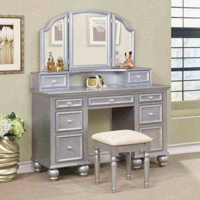 Transitional Style 1Pc Vanity W/ Stool Set Knob Handles Storage Drawers 3-Sidded Mirror Bedroom Furniture