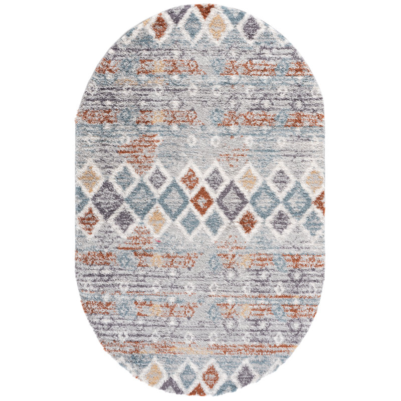 Evangelyn Geometric Blue Rust/Ivory Area Rug, Oval 5' x 8'