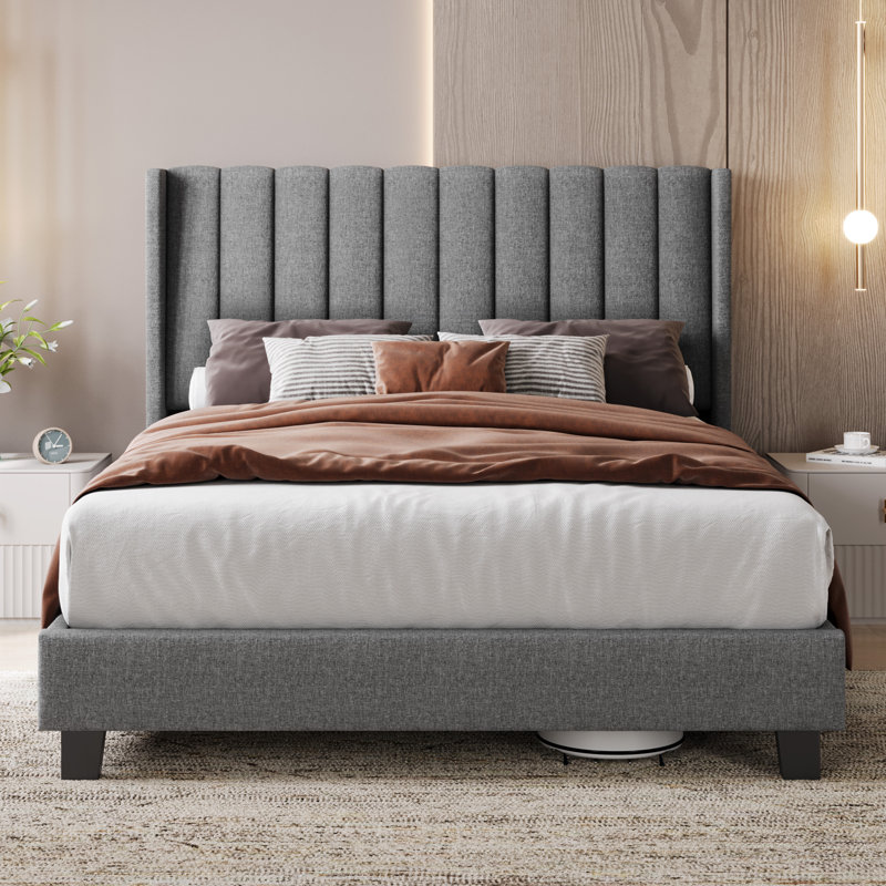 Upholstered Bed Frame with Channel Tufted Headboard, Kingsize (5'), Light Grey