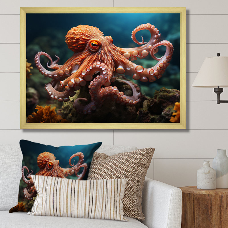Corail Octopus Serene submersion II - pieuvre, art mural, H 34 po x l 44 po x P 1,5 po, Cadre doré simple