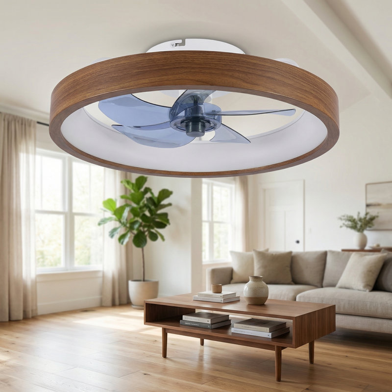 Ventilateur de plafond encastré moderne de 20 pouces avec luminaire (DEL), adapté aux salons, aux chambres à coucher, aux cuisines - grain de bois + blanc