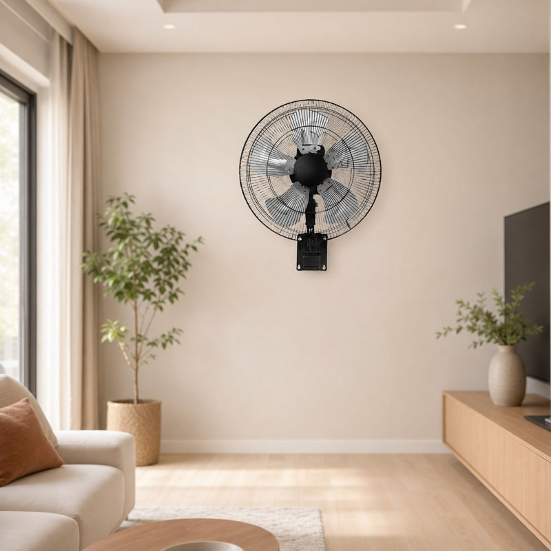Ventilateur mural 18 po avec 5 vitesses et oscillation horizontale de 90 degrés, noir