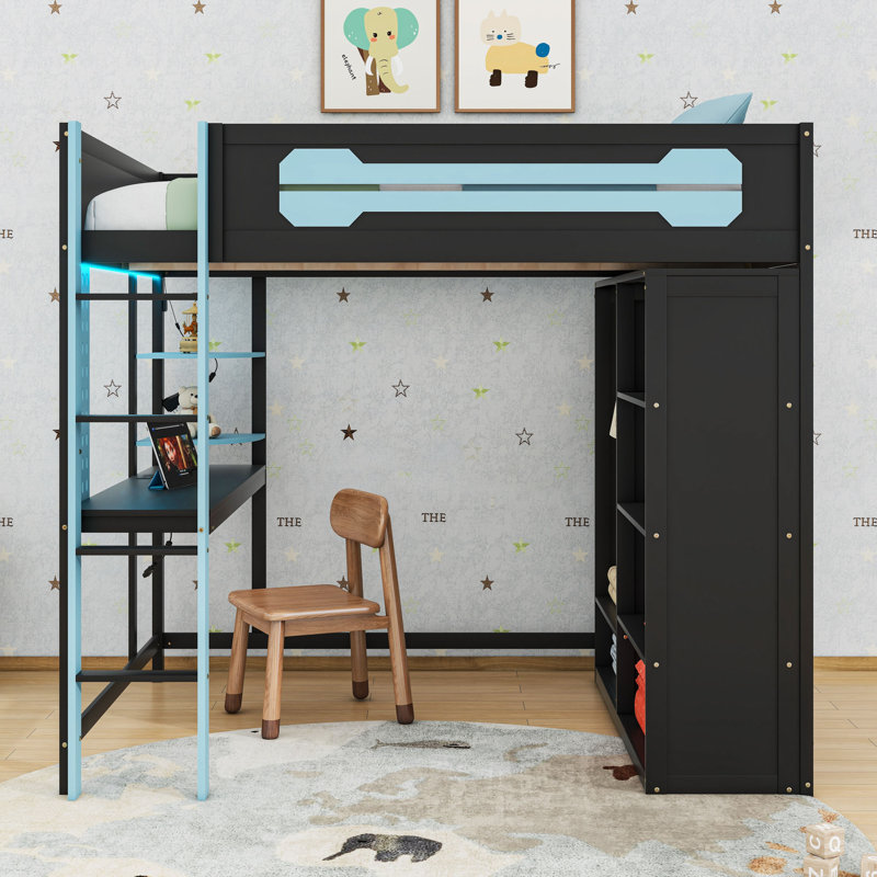 Lit mezzanine avec bureau, garde-robe et lumière RVB, Bleu