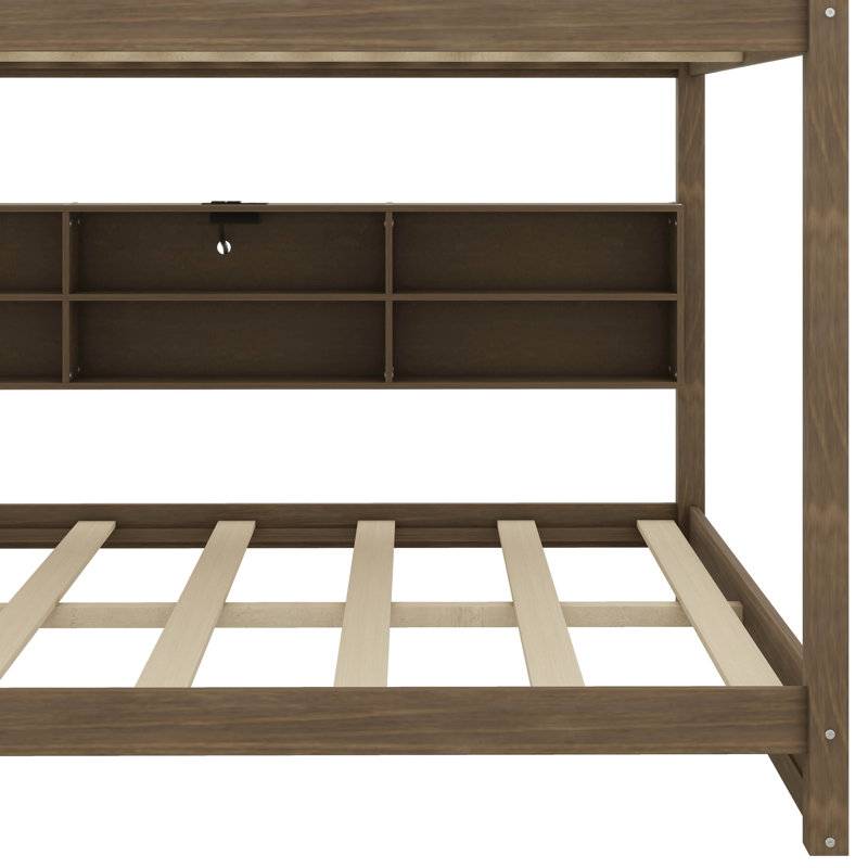 Lit superposé spacieux sur grand lit avec armoires de rangement et ports USB utiles, Bois antique