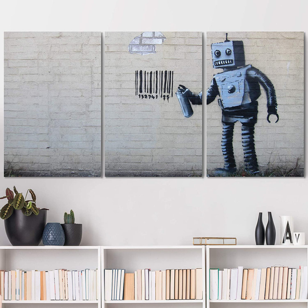 Pop Urban Street " Robot Graffiti Banksy In Street " 3 - Pieces IDEA4WALL 