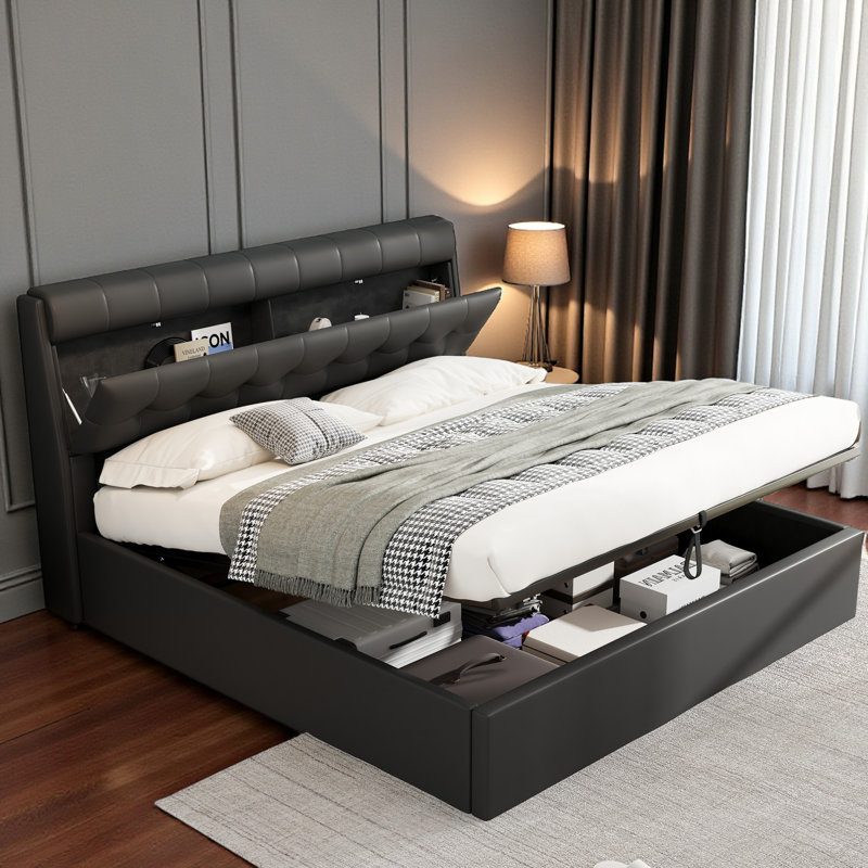 Bakki PU Upholstered Hydraulic Bed With Concealed Headboard Storage, Bed Box Storage, Black, Double (4'6)