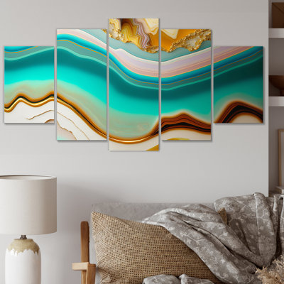 Liquide harmonie agate bleue turquoise IV - formes abstraites, reproduction d'art sur toile - 5 panneaux