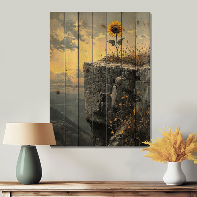 Tournesol sur une falaise au coucher du soleil - Art mural en bois tournesols - sur bois de pin naturel