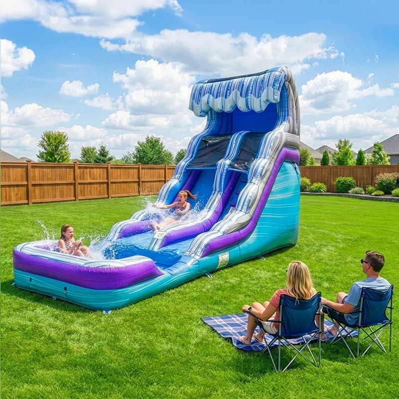 Toboggan aquatique gonflable Herokiddo Ocean Wave de 7,6 m (25 pi) de qualité commerciale avec piscine intégrée et système de drainage pour enfants et adultes (avec souffleur), pour l'intérieur et l'extérieur, les fêtes d'anniversaire, la location, grand format, toutes saisons